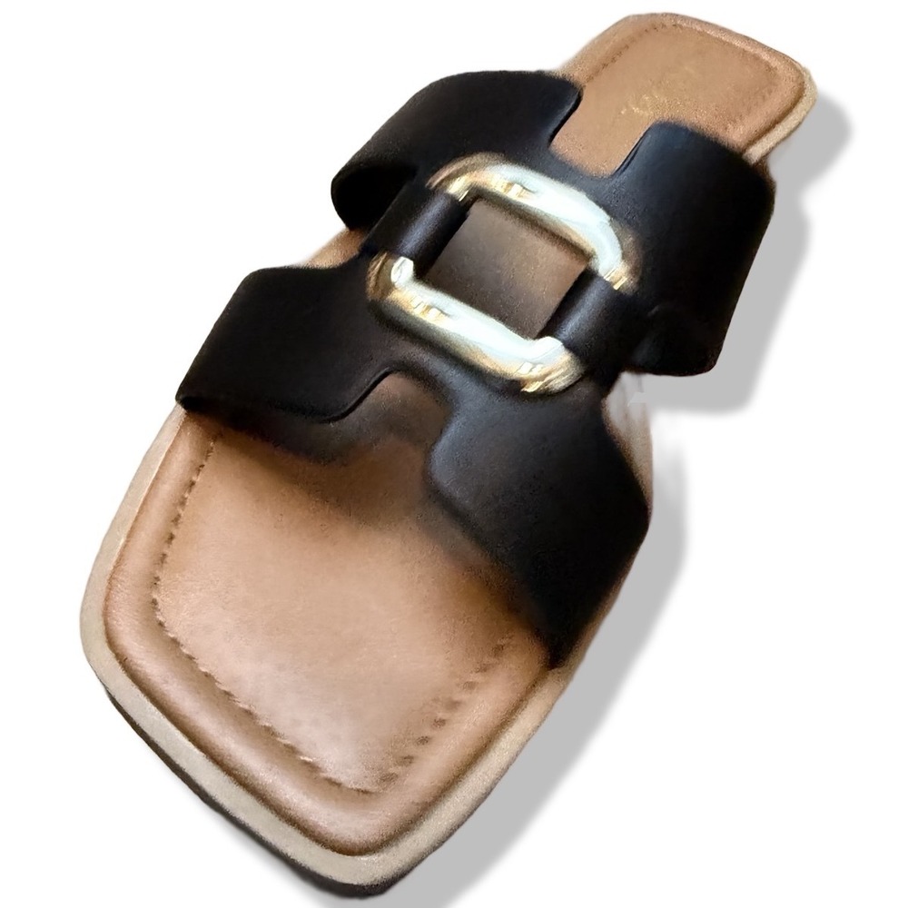 SODA FENG SANDALS Black Faux Leather Slide Gold Buckle Sz 10 - Picture 7 of 14